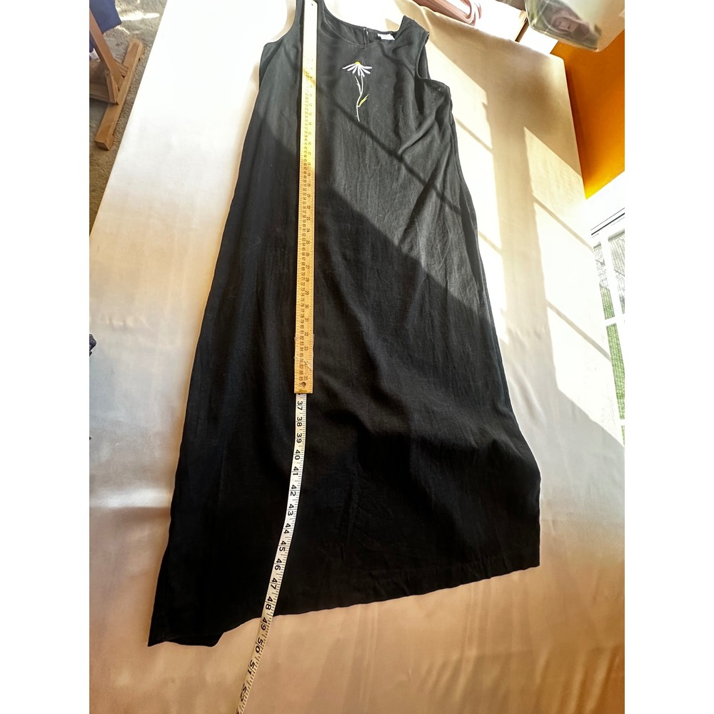 Black Linen Blend Vintage Daisy Embroidered Sleeveless Maxi Dress Size 12 - Picture 5 of 7